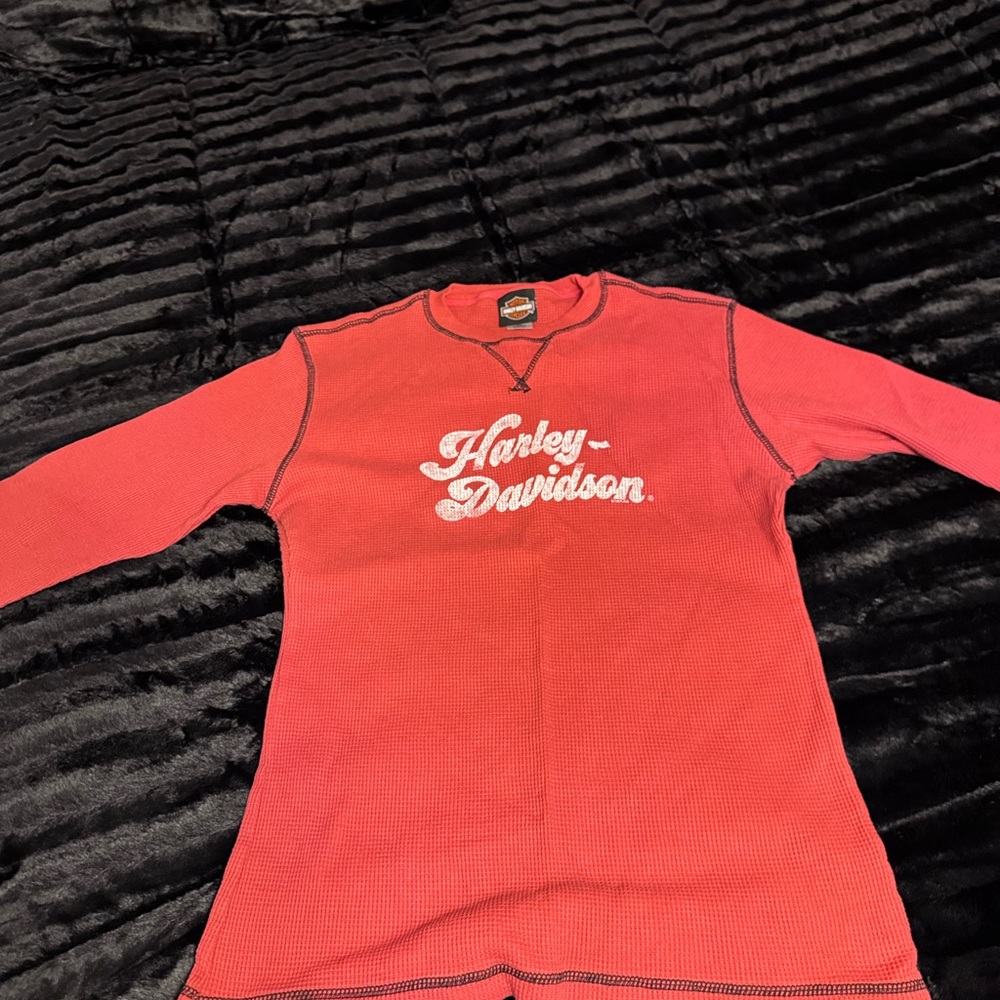 Harley-Davidson Coral Red Long Sleeve Waffle Tee with Script Logo